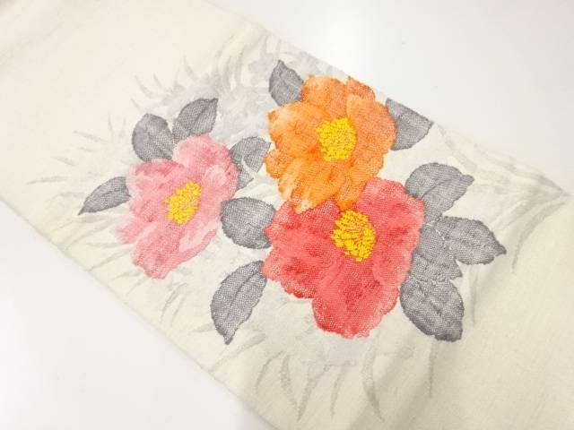 手織り真綿紬花模様織出し名古屋帯【アンティーク】【中古】【着】 宗sou
