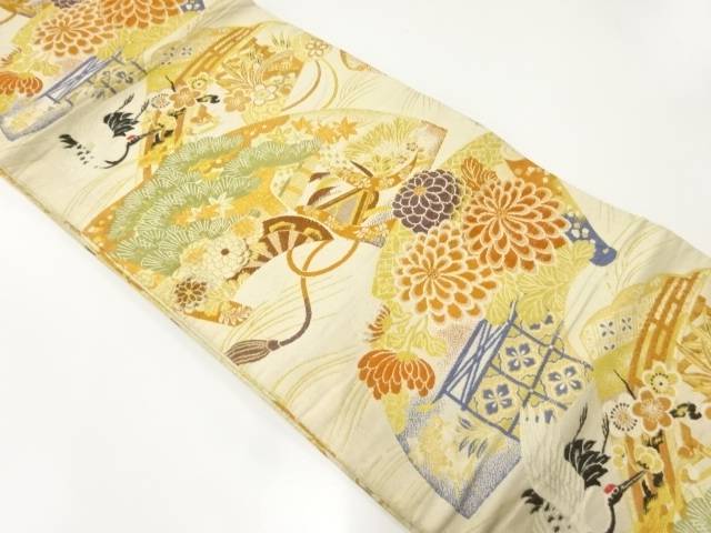 地紙に御所車模様織出し丸帯(材料)【アンティーク】【中古】【着】 宗sou