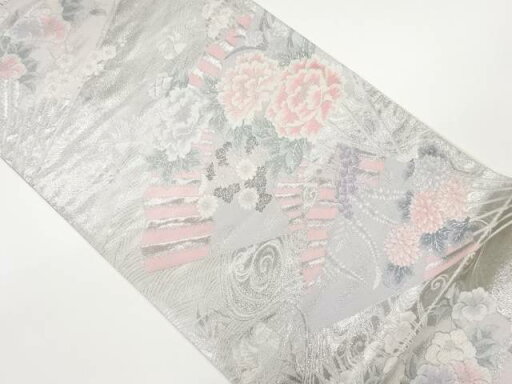九百錦プラチナ箔扇に花々・流水・鴛鴦模様織出し袋帯【中古】【着】 宗sou 九百錦プラチナ箔扇に花々・流水・鴛鴦模様織出し袋帯【中古】【着】 宗sou