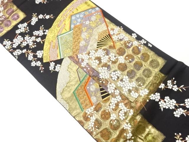 扇に枝垂れ桜・古典柄模様織出し袋帯【中古】【着】 宗sou