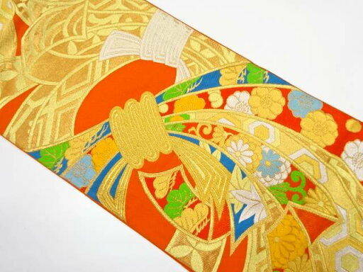 川島織物製 束ね熨斗に花・古典柄織り出し 袋帯【中古】【着】 宗sou 川島織物製 束ね熨斗に花・古典柄織り出し 袋帯【中古】【着】 宗sou