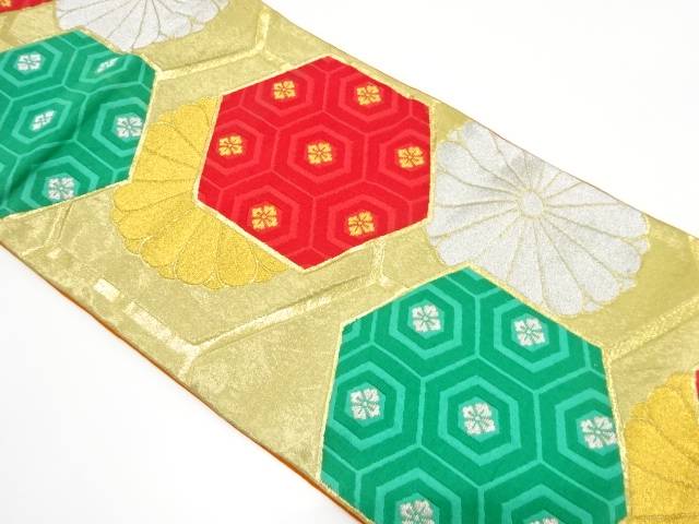 亀甲に菊模様織り出し袋帯（材料）【アンティーク】【中古】【着】 宗sou