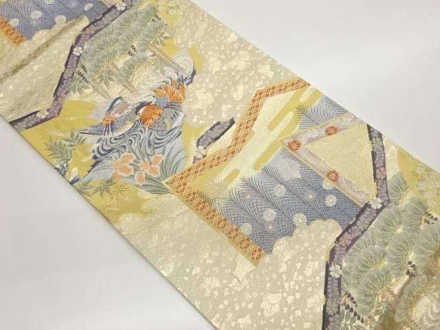 屏風に松・花々・鴛鴦模様織出し袋帯【中古】【着】 宗sou【spoff】