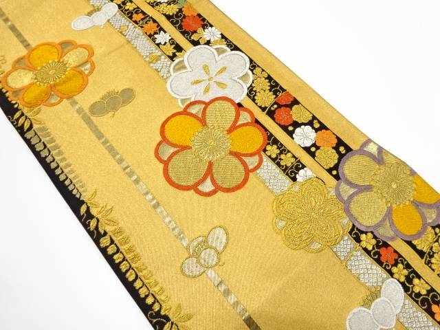 竹縞に八重梅模様織り出し 振袖用袋帯【中古】【着】 宗sou