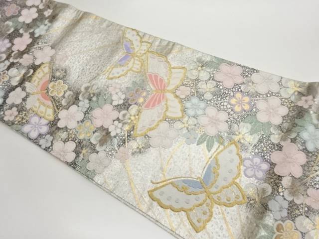 蝶に花々模様織出し袋帯【中古】【着】 宗sou