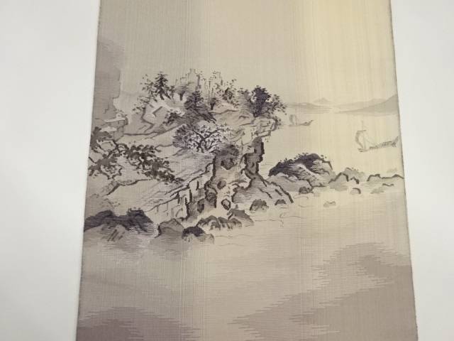 明綴れ金通し岩山・木々に海風景模様織出し袋帯【中古】【着】 宗sou