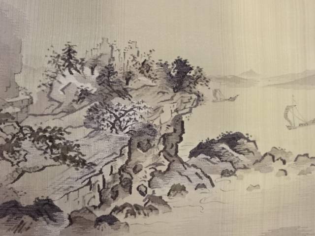 明綴れ金通し岩山・木々に海風景模様織出し袋帯【中古】【着】 宗sou