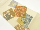 色紙に花々・流水模様織出し袋帯【中古】【着】 宗sou
