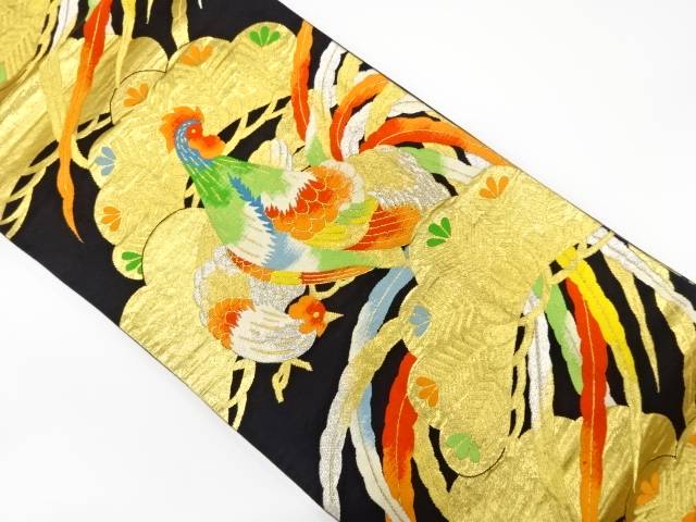 笠松に尾長鳥模様織り出し 袋帯【中古】【着】 宗sou