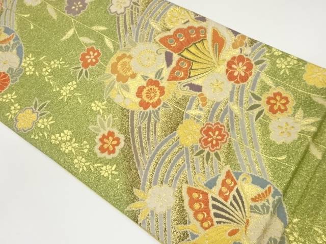丸文に蝶・花々模様織出し袋帯【中古】【着】 宗sou