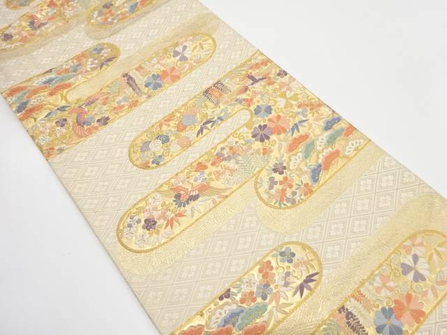 ヱ霞に鶴・松竹梅・桐模様織り出し袋帯（材料）【アンティーク】【中古】【着】 宗sou