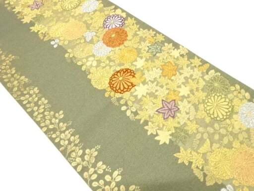 縞に菊・紅葉・萩模様織り出し 袋帯【中古】【着】 宗sou 縞に菊・紅葉・萩模様織り出し 袋帯【中古】【着】 宗sou