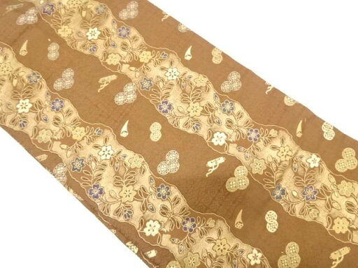 よろけ縞に花唐草・宝尽くし模様織り出し名古屋帯【アンティーク】【中古】【着】 宗sou よろけ縞に花唐草・宝尽くし模様織り出し名古屋帯【アンティーク】【中古】【着】 宗sou