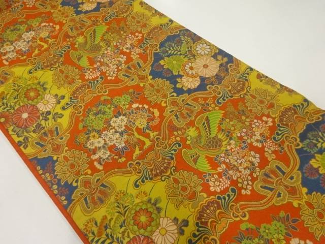 鳳凰に草花模様織出し全通袋帯【中古】【着】 宗sou