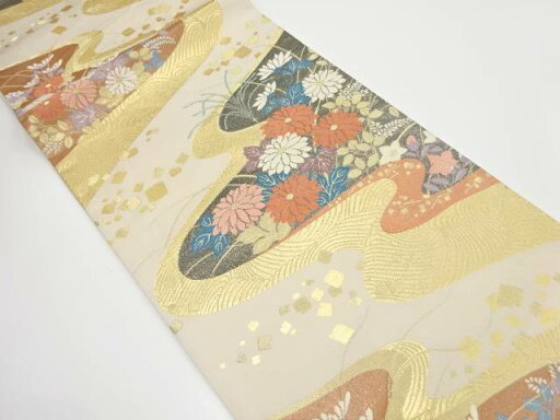 霞取りに菊・秋草模様織り出し 袋帯【中古】【着】 宗sou 霞取りに菊・秋草模様織り出し 袋帯【中古】【着】 宗sou