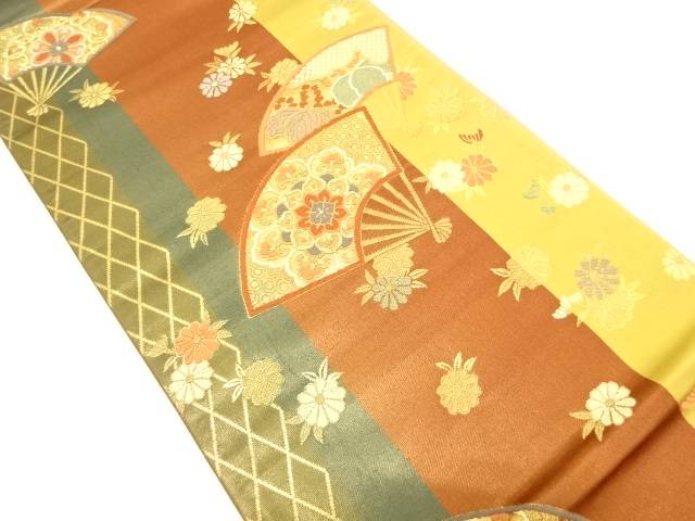 縞に扇・華紋・花模様織り出し 袋帯【中古】【着】 宗sou