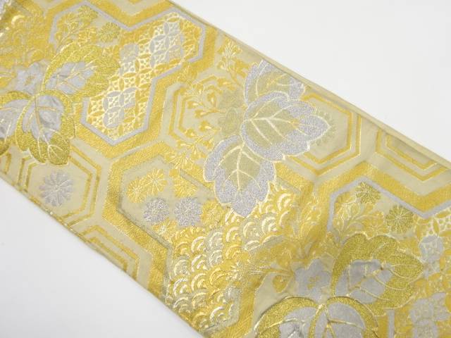 毘沙門亀甲に桐・古典柄模様織り出し袋帯（材料）【アンティーク】【中古】【着】 宗sou