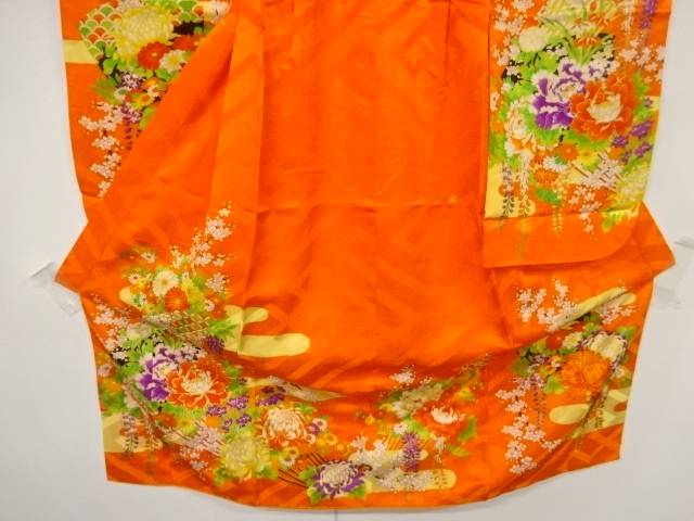 菊・梅・牡丹模様刺繍着物（重ね衿付）【アンティーク】【中古】【着】 宗sou