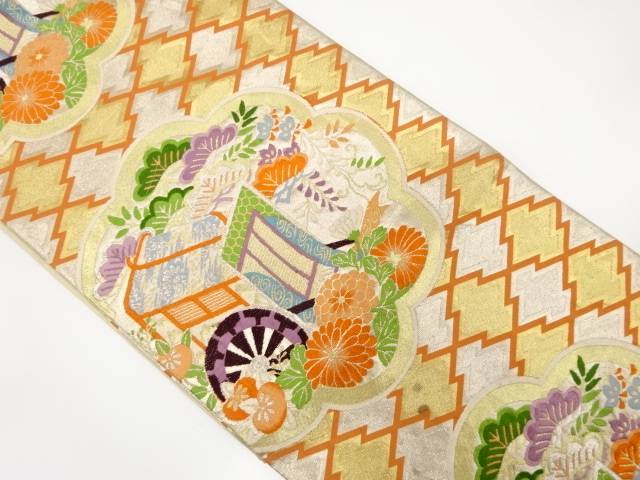松川菱に御所車・花模様織り出し袋帯(材料)【アンティーク】【中古】【着】 宗sou