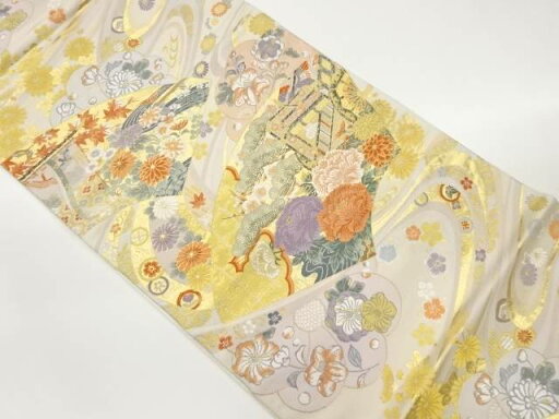地紙に御所車・草花模様織出し袋帯【中古】【着】 宗sou 地紙に御所車・草花模様織出し袋帯【中古】【着】 宗sou