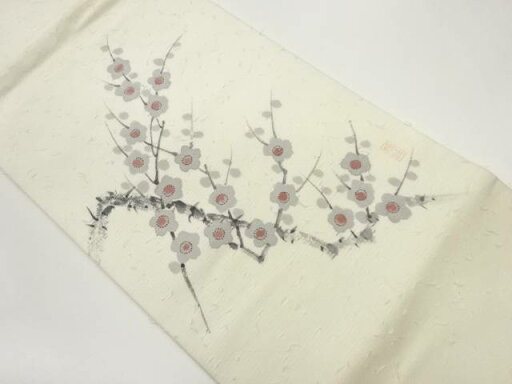 作家物 ひげ紬手描き抽象梅模様開き名古屋帯(額縁仕立て)【中古】【着】 宗sou 作家物 ひげ紬手描き抽象梅模様開き名古屋帯(額縁仕立て)【中古】【着】 宗sou