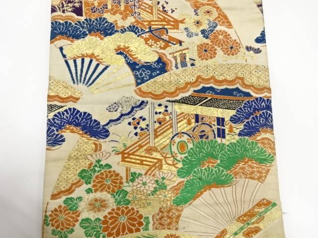 扇に鼓・屋敷風景模様織り出し丸帯（着用可）【アンティーク】【中古】【着】 宗sou