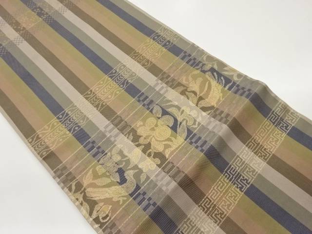 縞に花鳥模様織出し開き名古屋帯(額縁仕立て)【中古】【着】 宗sou