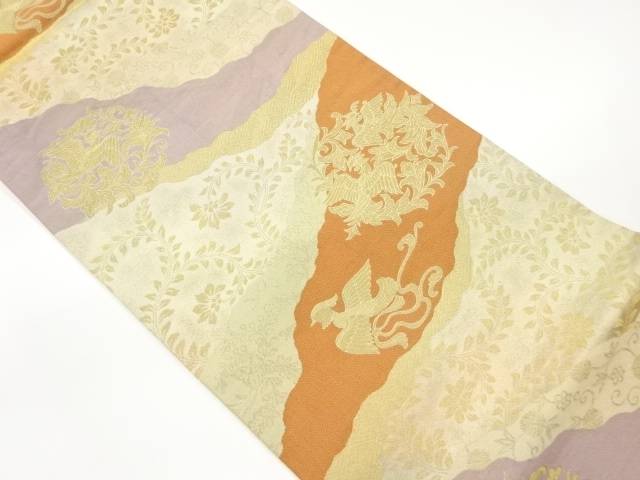 道長取りに鳥・笹蔓緞子模様織出し袋帯【中古】【着】 宗sou