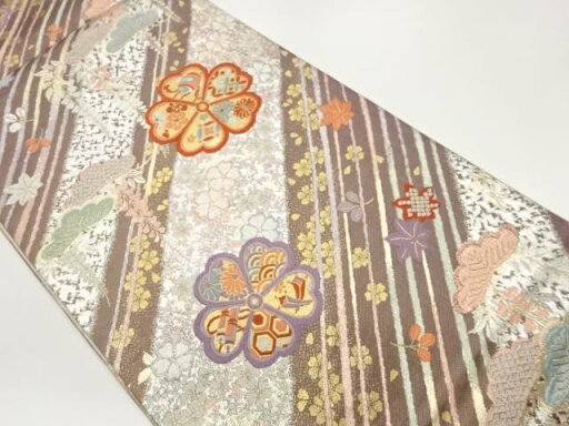 斜め縞に松・藤・桜模様織出し袋帯【中古】【着】 宗sou 斜め縞に松・藤・桜模様織出し袋帯【中古】【着】 宗sou