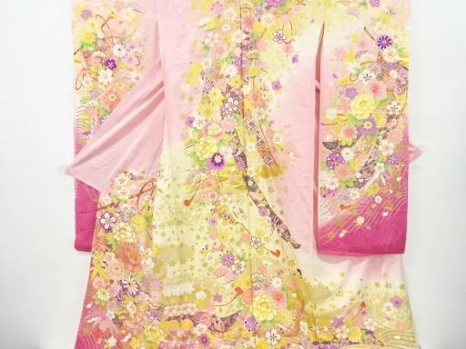 几帳に花模様刺繍振袖仮絵羽(八掛付き)【中古】【着】 宗sou 几帳に花模様刺繍振袖仮絵羽(八掛付き)【中古】【着】 宗sou