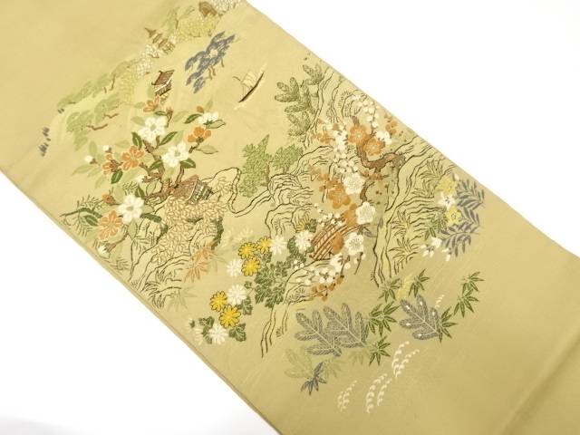 舟山水に風景模様織り出し袋帯(材料)【アンティーク】【中古】【着】 宗sou