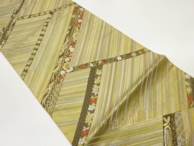 斜線に鳳凰・花々模様織出し袋帯【中古】【着】 宗sou