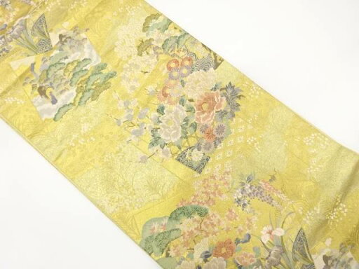 本金箔 色紙散らしに松・牡丹模様織り出し 袋帯【中古】【着】 宗sou 本金箔 色紙散らしに松・牡丹模様織り出し 袋帯【中古】【着】 宗sou