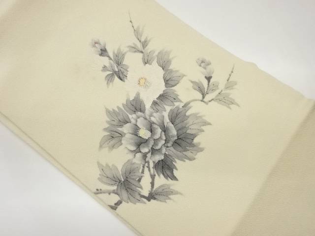 縮緬地手描き椿模様名古屋帯【中古】【着】 宗sou