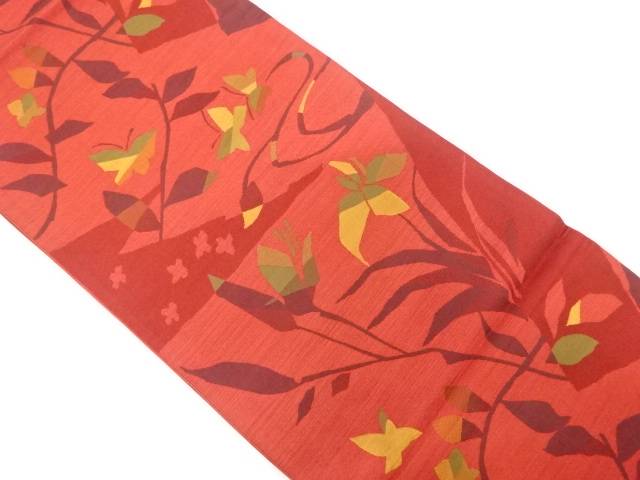 蝶に草花模様織出し袋帯【中古】【着】 宗sou