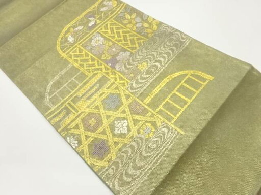 紗 紙布衝立に流水・草花・蝶模様刺繍袋帯【中古】【着】 宗sou 紗 紙布衝立に流水・草花・蝶模様刺繍袋帯【中古】【着】 宗sou