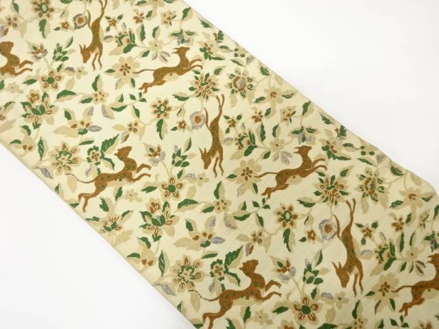 鹿に枝花模様織り出し袋帯（材料）【アンティーク】【中古】【着】 宗sou