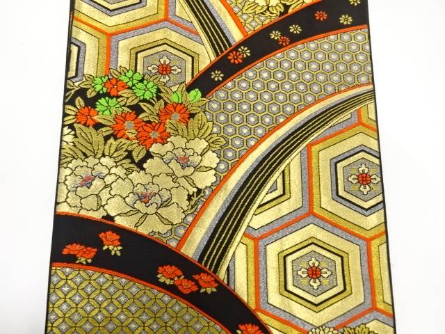 変わり青海波に花亀甲模様織り出し　袋帯【中古】【着】 宗sou