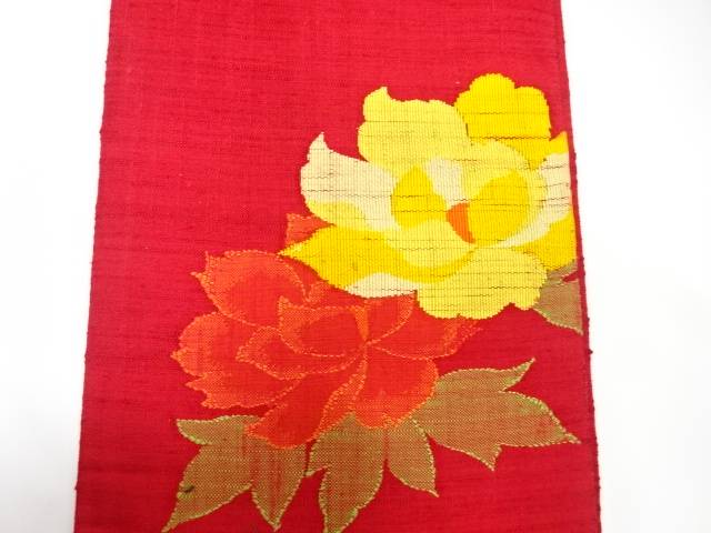 手織り紬　牡丹模様織り出し名古屋帯（着用可）【アンティーク】【中古】【着】 宗sou