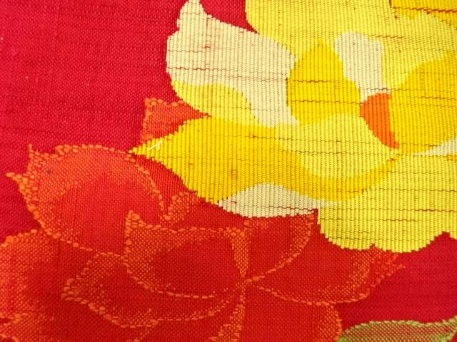 手織り紬　牡丹模様織り出し名古屋帯（着用可）【アンティーク】【中古】【着】 宗sou