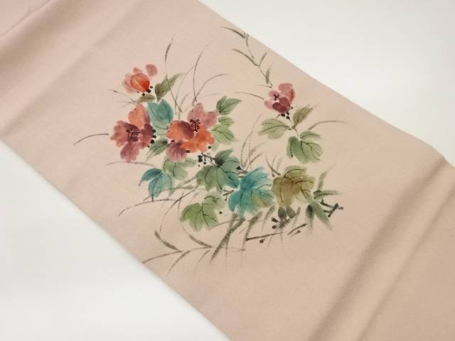 縮緬地手描き草花に葉模様名古屋帯【中古】【着】 宗sou(4)