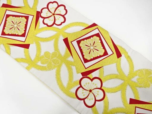 七宝繋ぎに重ね色紙・花模様織り出し 振袖用袋帯【中古】【着】 宗sou 七宝繋ぎに重ね色紙・花模様織り出し 振袖用袋帯【中古】【着】 宗sou