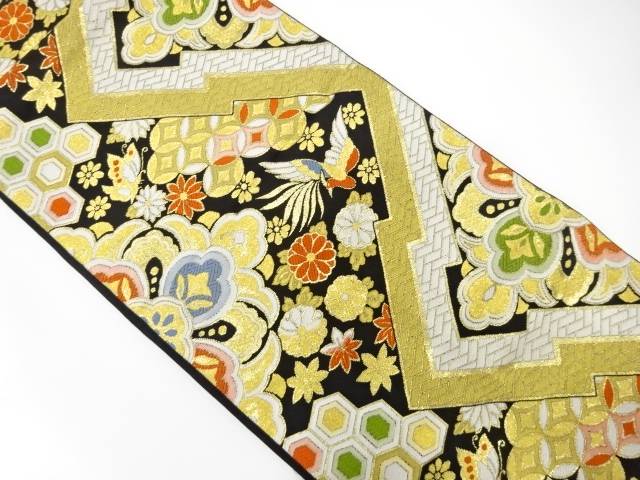 華紋に鳳凰・蝶・古典柄織り出し袋帯（着用可）【アンティーク】【中古】【着】 宗sou(4)