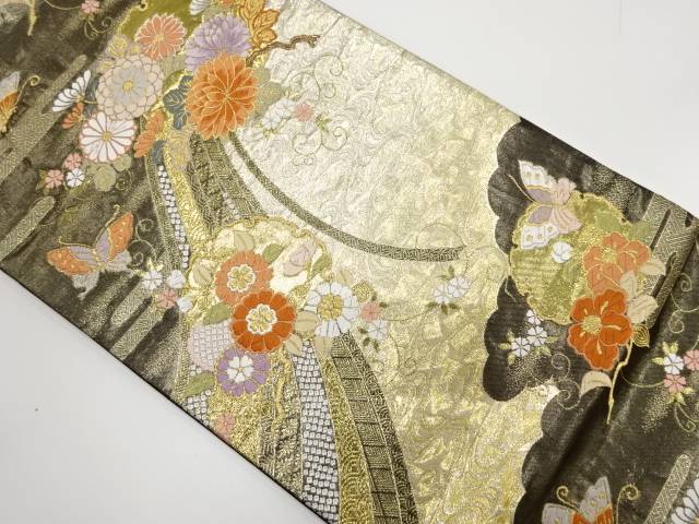 流水に菊・椿・古典柄織り出し 振袖用袋帯【中古】【着】 宗sou