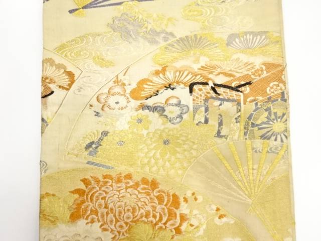 扇に御所車・松竹梅模様織り出し丸帯（材料）【アンティーク】【中古】【着】 宗sou