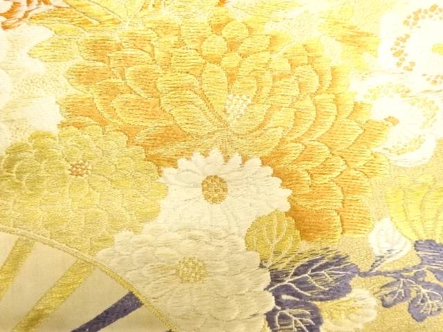 扇に御所車・松竹梅模様織り出し丸帯（材料）【アンティーク】【中古】【着】 宗sou