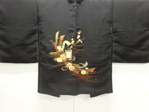 貝桶に束ね熨斗・草花模様一ツ紋絵羽織【中古】【着】 宗sou 貝桶に束ね熨斗・草花模様一ツ紋絵羽織【中古】【着】 宗sou