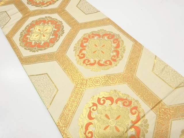 亀甲繋ぎに菱華紋織り出しリバーシブル全通袋帯(材料)【アンティーク】【中古】【着】 宗sou(4)