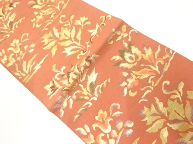 草花模様織出し袋帯（材料）【アンティーク】【中古】【着】 宗sou