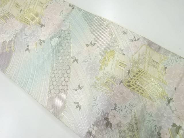 御所車に花模様織り出し袋帯(材料)【アンティーク】【中古】【着】 宗sou